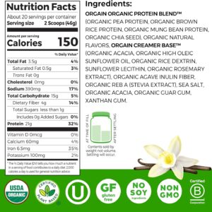Orgain Organic Vegan Protein Powder, Vanilla Bean – 21g Plant Protein, 6g Prebiotic Fiber, No Lactose Ingredients, No Added Sugar, Non-GMO, For Shakes & Smoothies, 2.03 lb (Packaging May Vary)