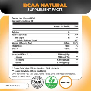 Nutrology BCAA Natural – Plant Based BCAA Powder, Orange Coconut Flavor, Optimized 2:1:1 Ratio Amino Acids Powder for Pre Workout & Post Workout Recovery, Vegan, Gluten-Free, Non-GMO, 30 Servings