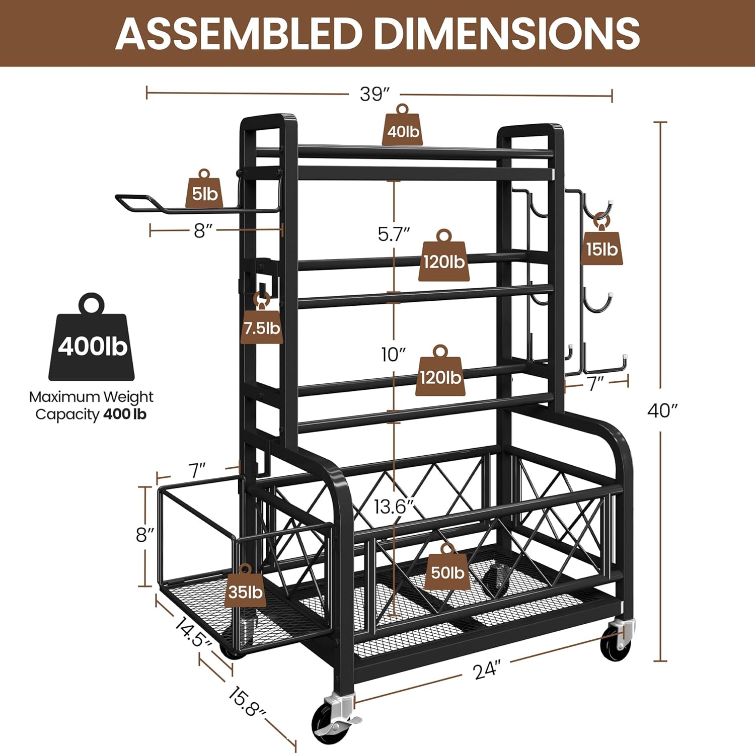 Yaheetech Dumbbell Rack Yoga Mat Storage Rack Home Gym Workout Equipment Rack Stand w/Hooks & Wheels for Dumbbells, Kettlebells, Yoga Ball, Max Load 400lb - Image 4