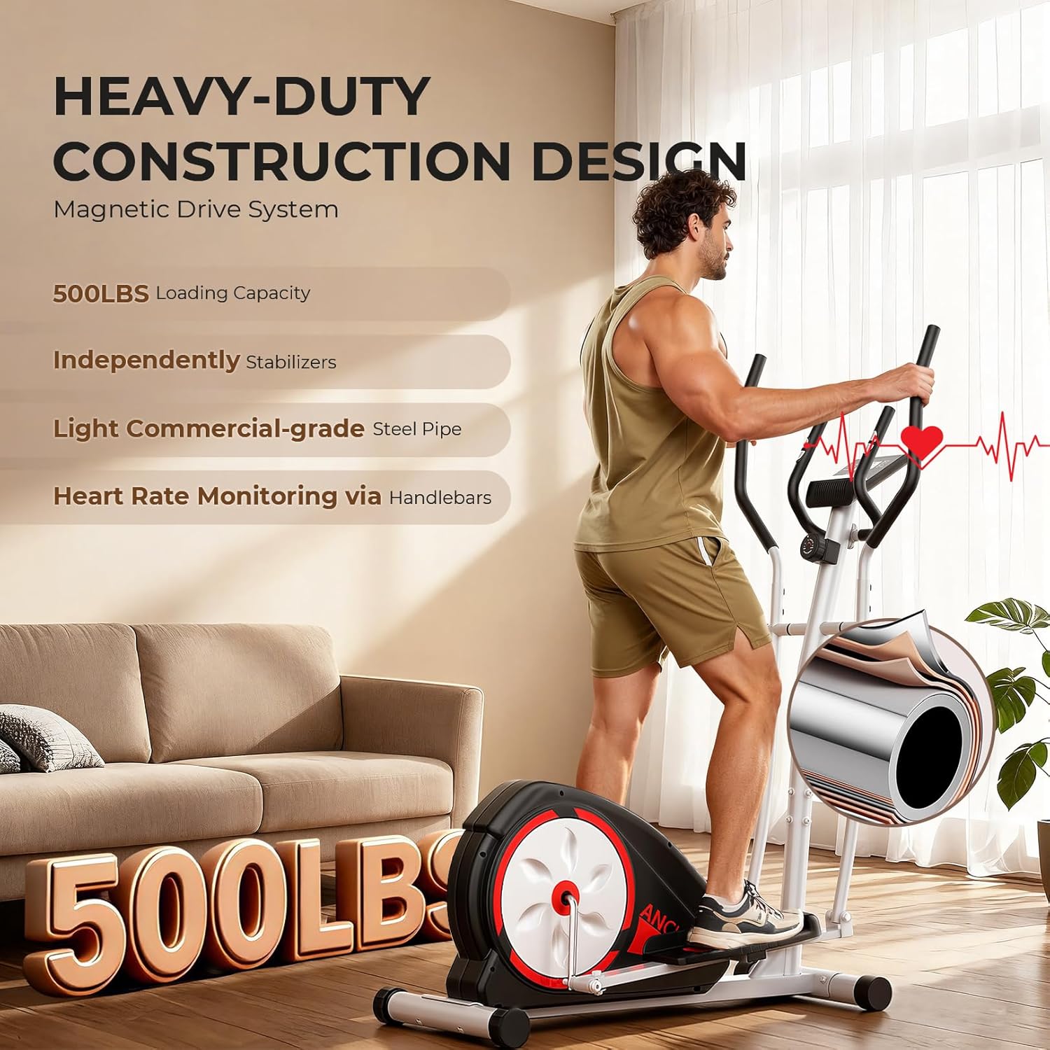 ANCHEER Elliptical Exercise Machine,Hyper-Quiet Magnetic Elliptical Machine for Home,Elliptical Training Machines with 500LBS Multiple Gears Resistance,5KG Flywheel,Pulse Sensor,15.5IN Stride - Image 4
