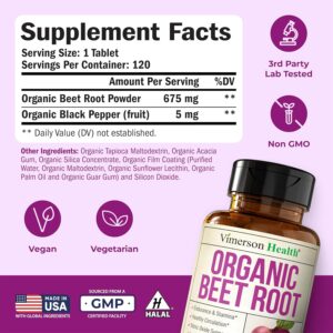USDA Organic Beetroot Supplement – Pure Beet Root Powder with Organic Black Pepper for Circulation, Energy & Stamina – Nitric Oxide Support for Pre & Post Workout Performance & Endurance – 120 Tablets