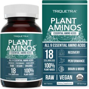 Plant Aminos Organic Essential Amino Acid Supplement (EAAs) & BCAA – 100% Plant-Based Raw, Vegan – All 9 Essential Amino Acids with 18 Total Amino Acids (360 Tablets)