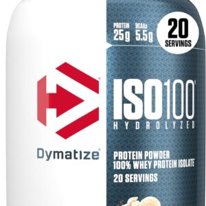 Dymatize ISO100 Whey Protein Powder Isolate, Gourmet Vanilla, 25g of Protein, 5.5g BCAAs, Less Than 120 Cal., Gluten Free, 1g Fat, 1g Sugar, 2g Carb (20 Servings)