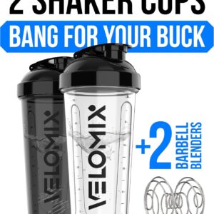 VELOMIX -2 Pack- 28 oz Protein Shaker Bottles for Protein Mixes – 2x Wire Whisk | Leak Proof Shaker Cups for Protein Shakes | Protein Shaker Bottle Pack (Black/Transparent)