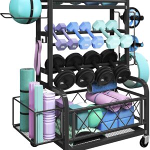 Yaheetech Dumbbell Rack Yoga Mat Storage Rack Home Gym Workout Equipment Rack Stand w/Hooks & Wheels for Dumbbells, Kettlebells, Yoga Ball, Max Load 400lb