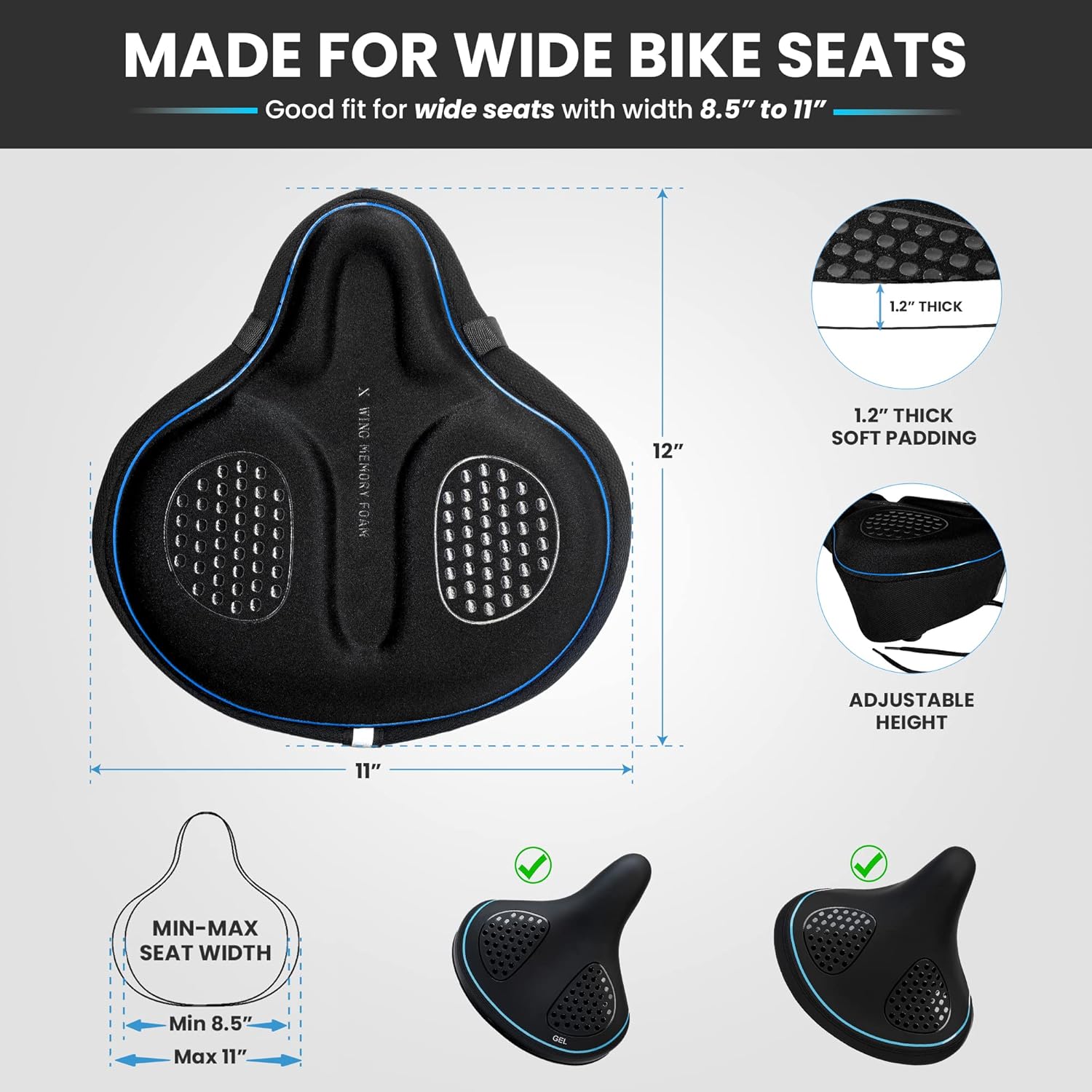 X WING Wide Bike Seat Cover Padded with Memory Foam | Ideal Bicycle Saddle Cover for Men and Women | Ultra-Soft Cushion, Non-Slip & Easy Installation | Fit for Exercise Bike, Indoor & Outdoor Cycling - Image 2