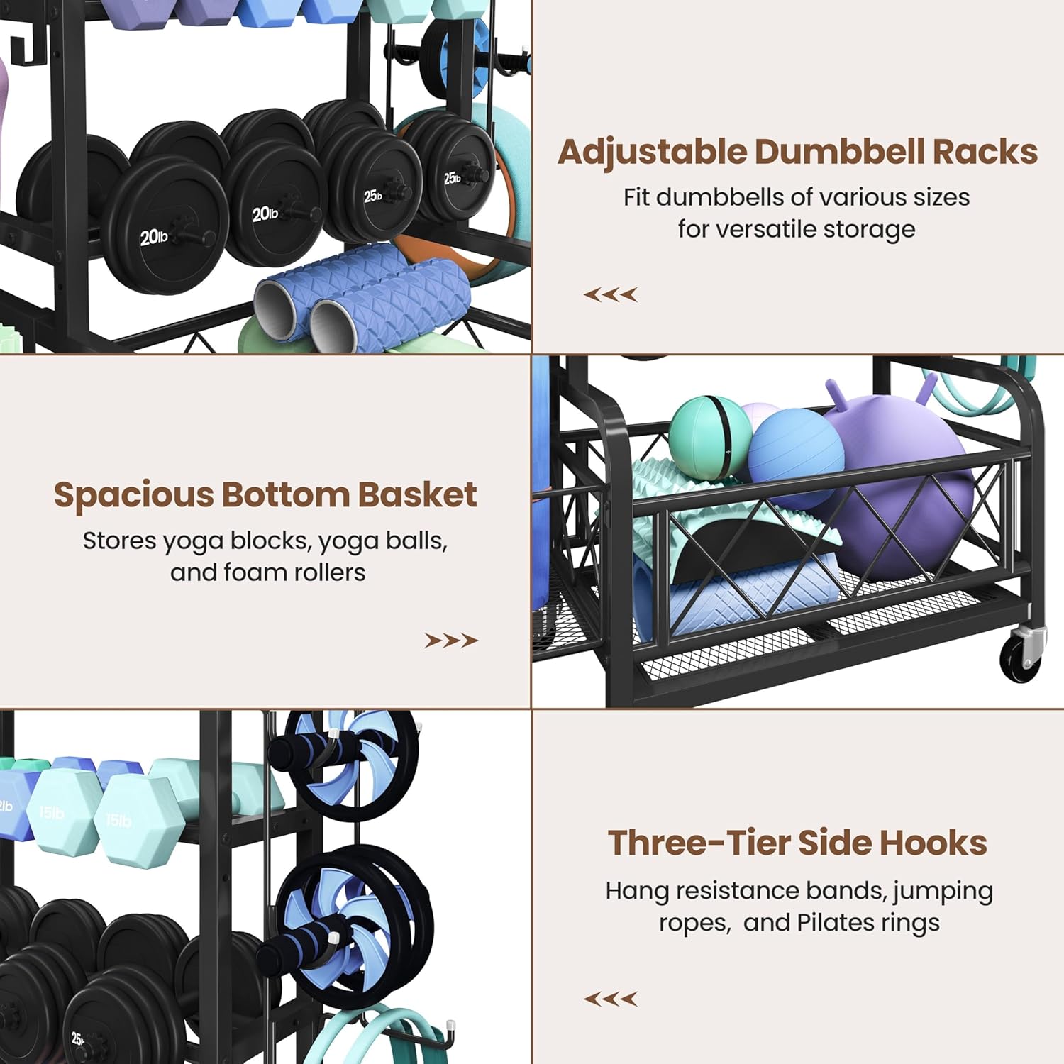 Yaheetech Dumbbell Rack Yoga Mat Storage Rack Home Gym Workout Equipment Rack Stand w/Hooks & Wheels for Dumbbells, Kettlebells, Yoga Ball, Max Load 400lb - Image 7