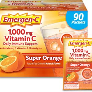 Emergen-C 1000mg Vitamin C Powder for Daily Immune Support Caffeine Free Vitamin C Supplements with Zinc and Manganese, B Vitamins and Electrolytes, Super Orange Flavor – 90 Count/3 Month Supply