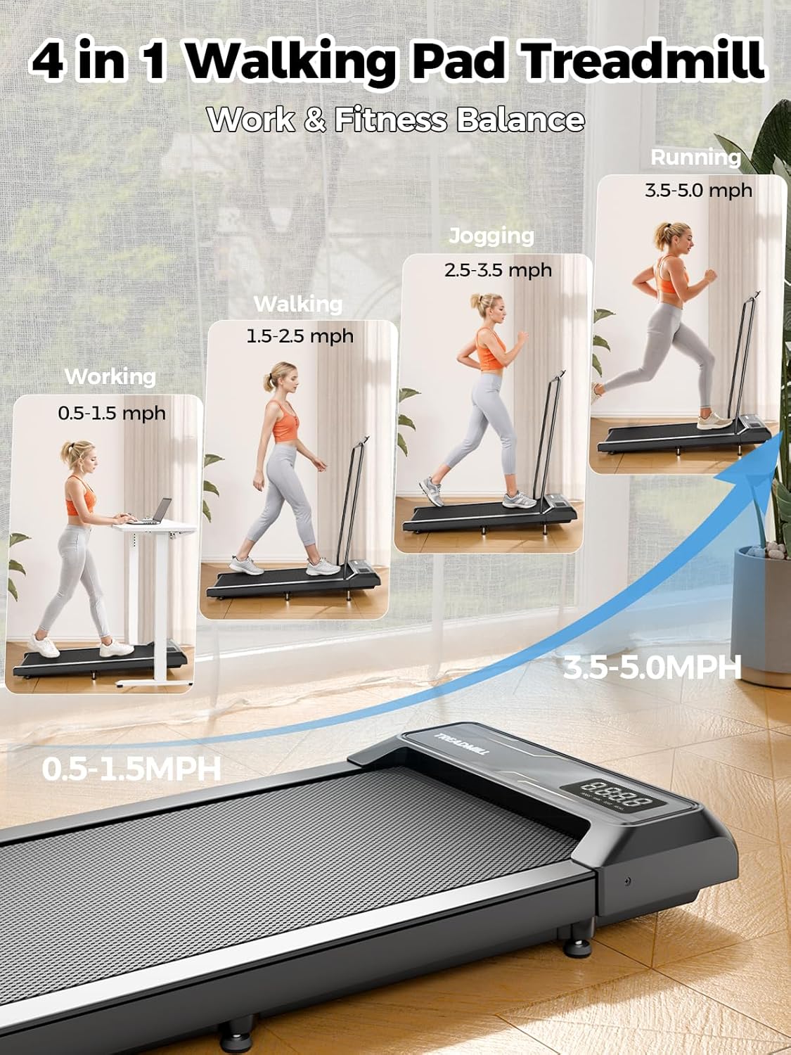 Walking Pad Treadmill with 10% Incline, 2.5HP Under Desk Treadmill 450LBS Capacity LED Display, 4 in 1 Portable Small Treadmills with Handle Bar for Home Office Black - Image 3