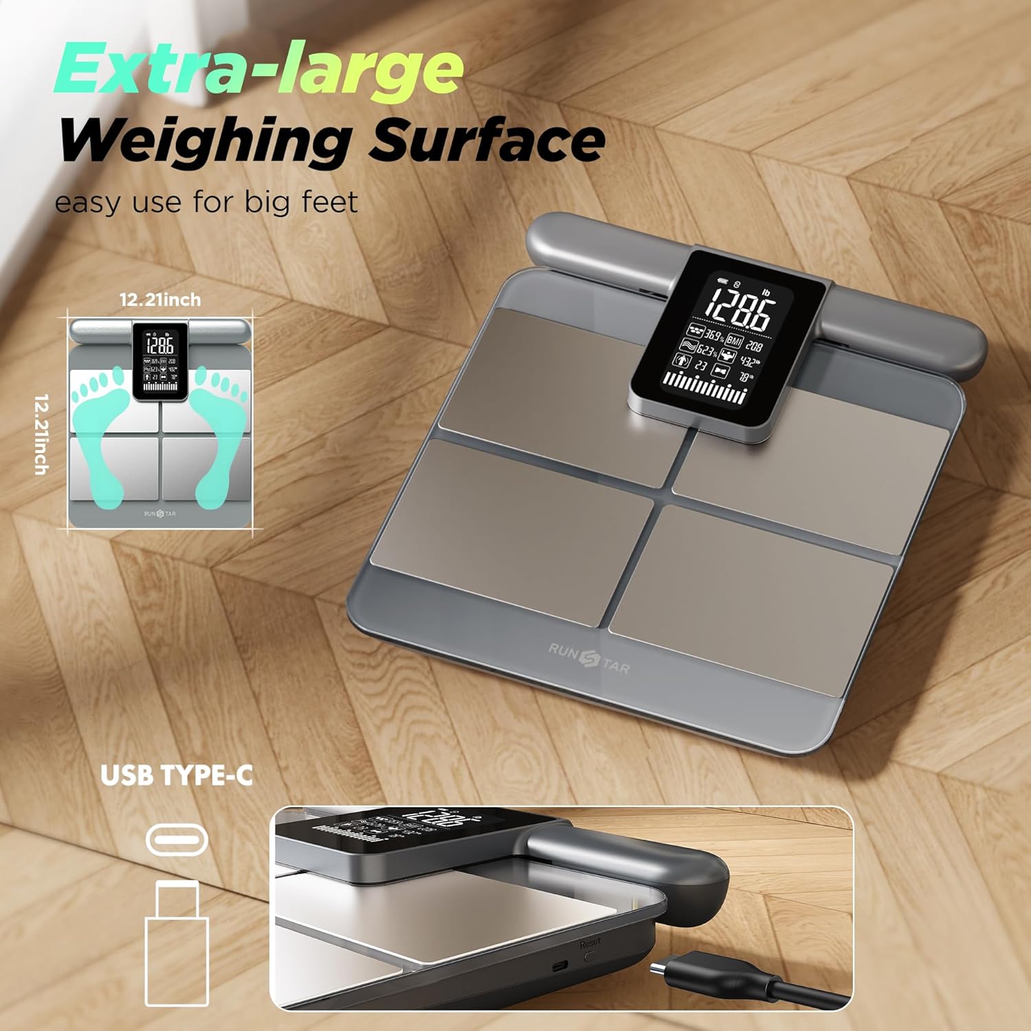 RunStar Scale for Body Weight and Fat Percentage, 8-Electrodes Precision Digital Smart Scale for BMI 28 Body Composition Measurement, Silver Bathroom Smart Scales with Large Display - Image 3