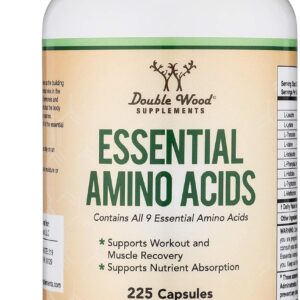 Essential Amino Acids – 1 Gram Per Serving Powder Blend of All 9 Essential Aminos (EAA) and All Branched-Chain Aminos (BCAAs) (Leucine, Isoleucine, Valine) 225 Capsules, Gluten Free by Double Wood