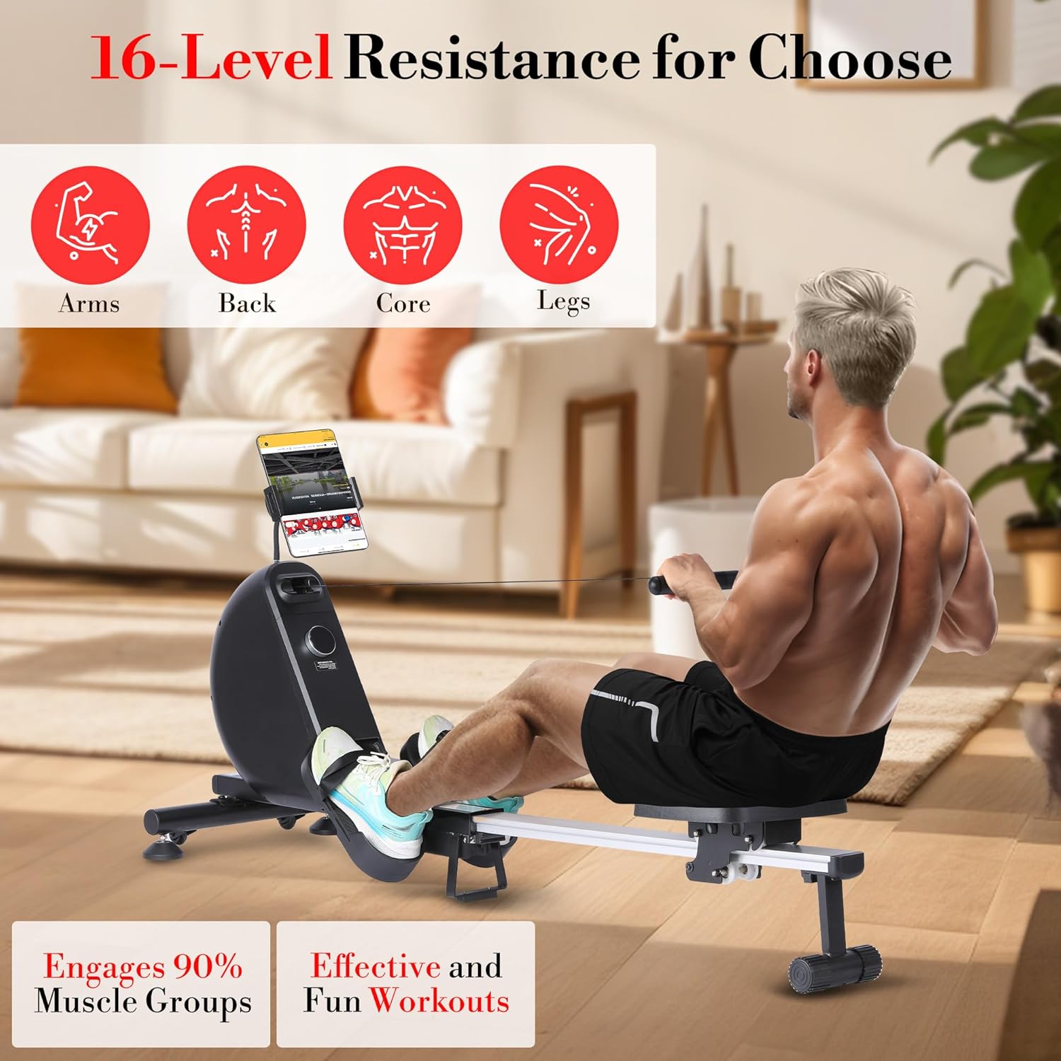 Home Water Rowing Machine - 380 LBS Weight Capacity. Digital Monitor Tracks Workout Data, Ergonomic Seat Ensures Comfort. App-Enabled for Guided Training - Image 4