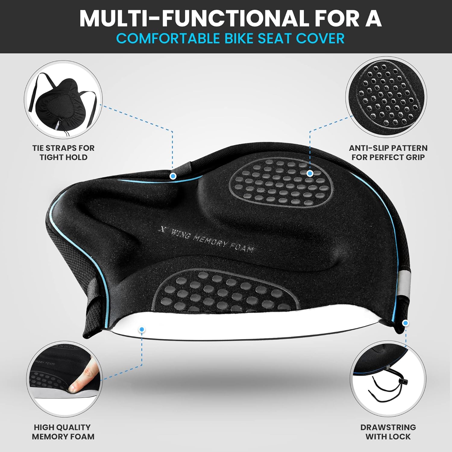 X WING Wide Bike Seat Cover Padded with Memory Foam | Ideal Bicycle Saddle Cover for Men and Women | Ultra-Soft Cushion, Non-Slip & Easy Installation | Fit for Exercise Bike, Indoor & Outdoor Cycling - Image 4