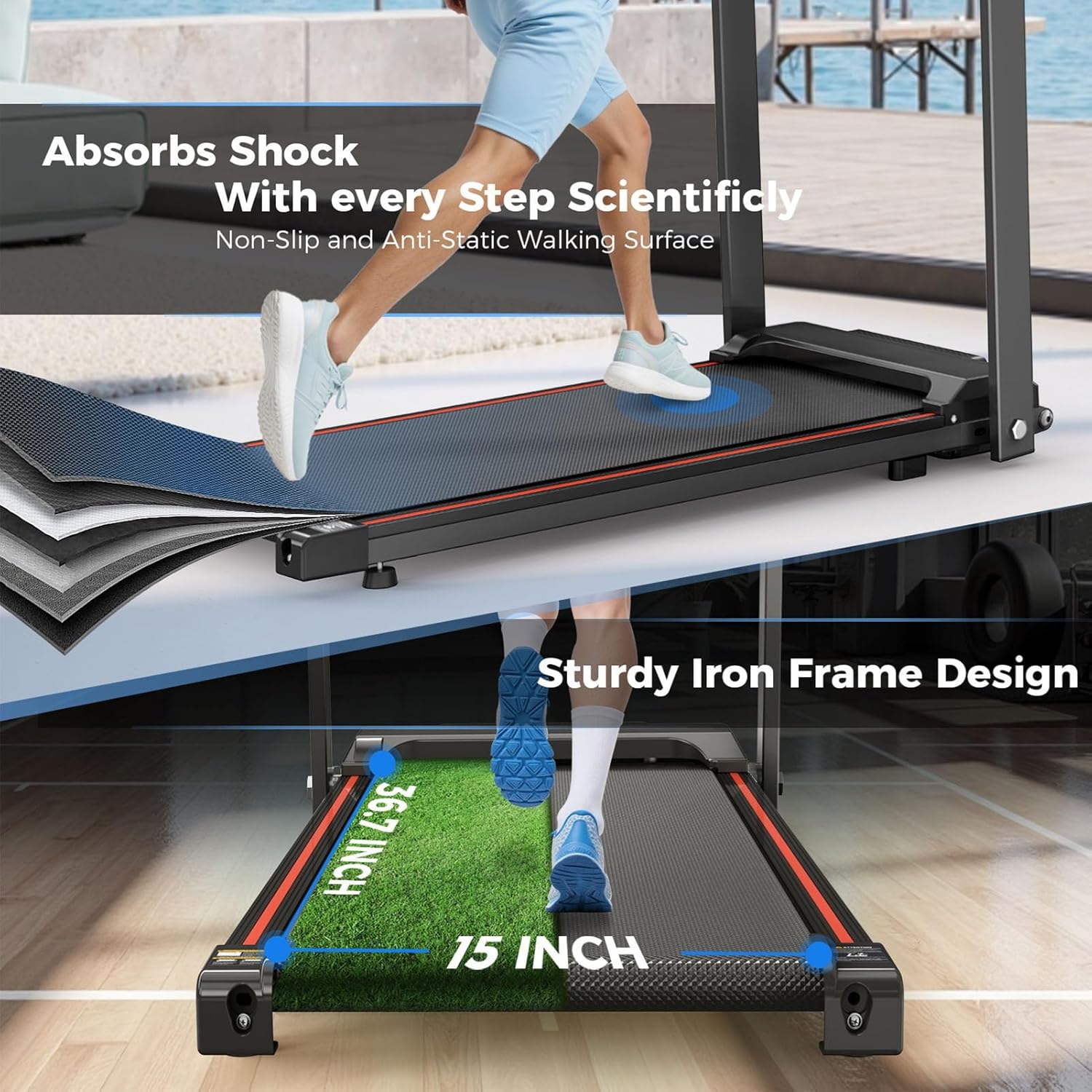 2.5 HP Quiet Walking Pad Treadmill with Handle Bar, Foldable Treadmills for Home Small, 6 MPH, 300 lbs Capacity, Portable Compact Running Machine with LCD Display Screen & APP - Image 4