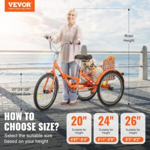 VEVOR Folding Adult Tricycle,Adult Folding Trikes, 3 Wheel Cruiser Bike with Large Basket & Adjustable Seat, Shopping Picnic Foldable Tricycles for Women, Men, Seniors