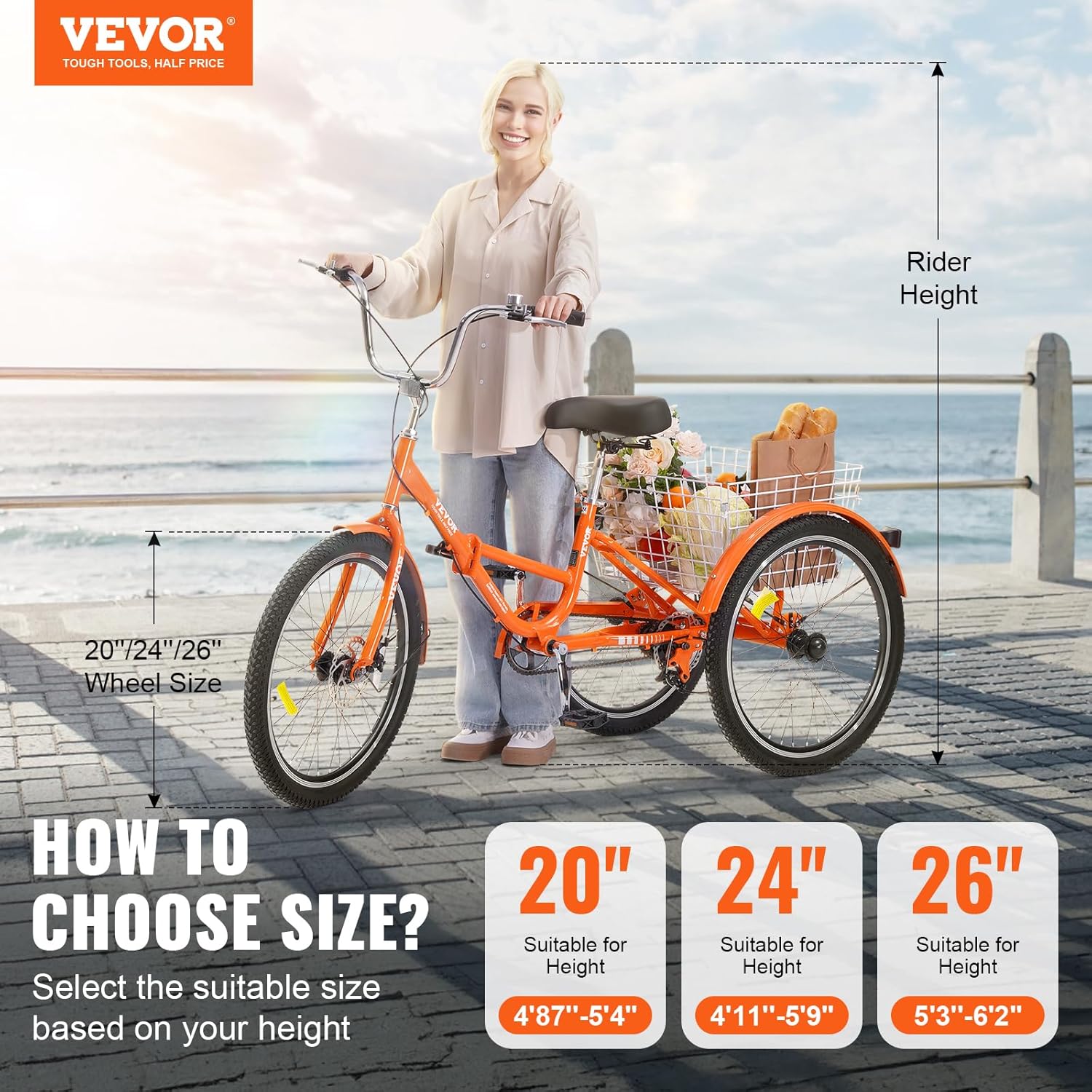 VEVOR Folding Adult Tricycle,Adult Folding Trikes, 3 Wheel Cruiser Bike with Large Basket & Adjustable Seat, Shopping Picnic Foldable Tricycles for Women, Men, Seniors - Image 2