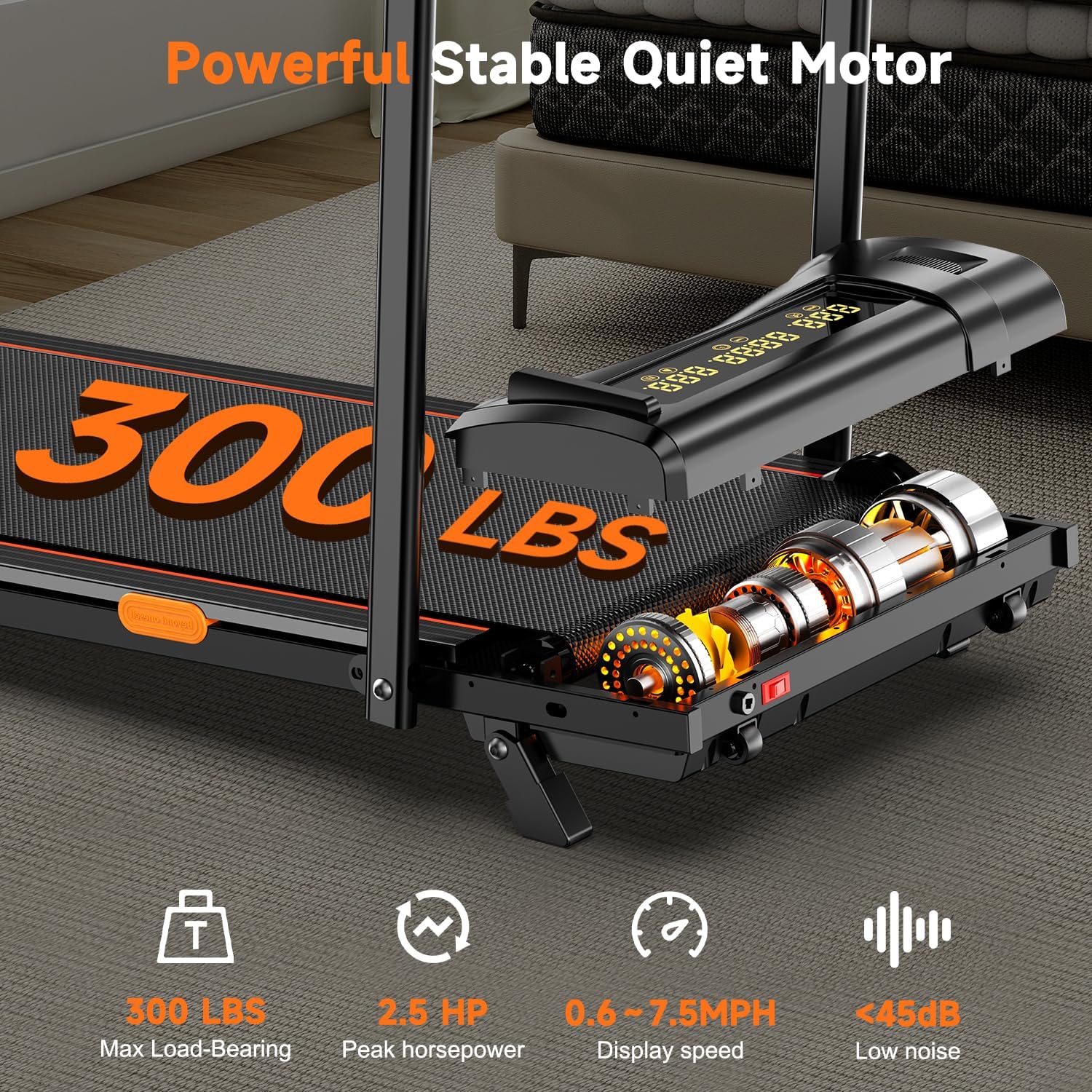 6% Incline Walking Pad with Handle Bar,Compact and Foldable Treadmill for Home and Office,2.5 HP Quiet Under Desk Treadmill with 300lbs Capacity,Big Led Display and Double Deck Cushioning - Image 3