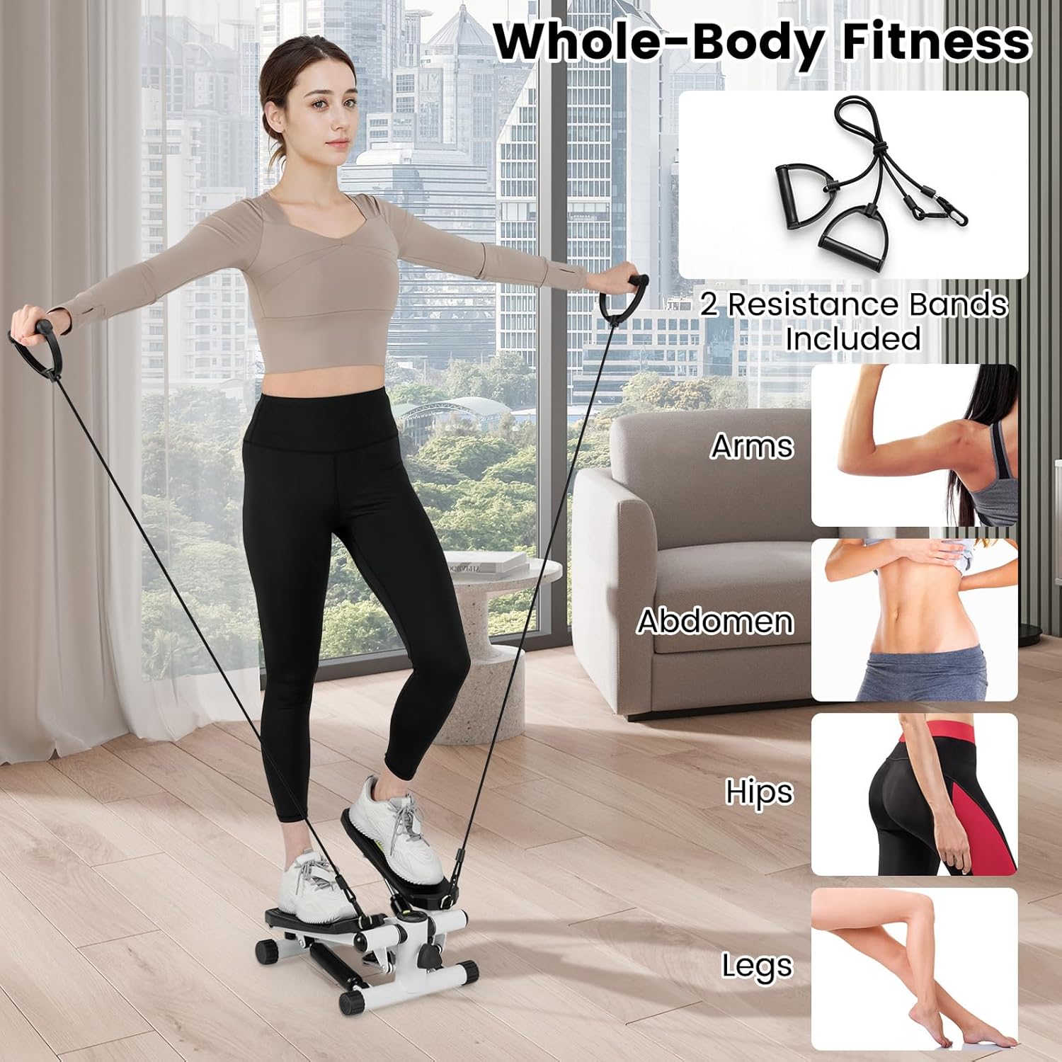 GYMAX Steppers for Exercise at Home, Hydraulic Mini Stair Stepper with Resistance Bands & LCD Monitor, Portable Under Desk Cardio Equipment Step Machine for Home Gym - Image 2