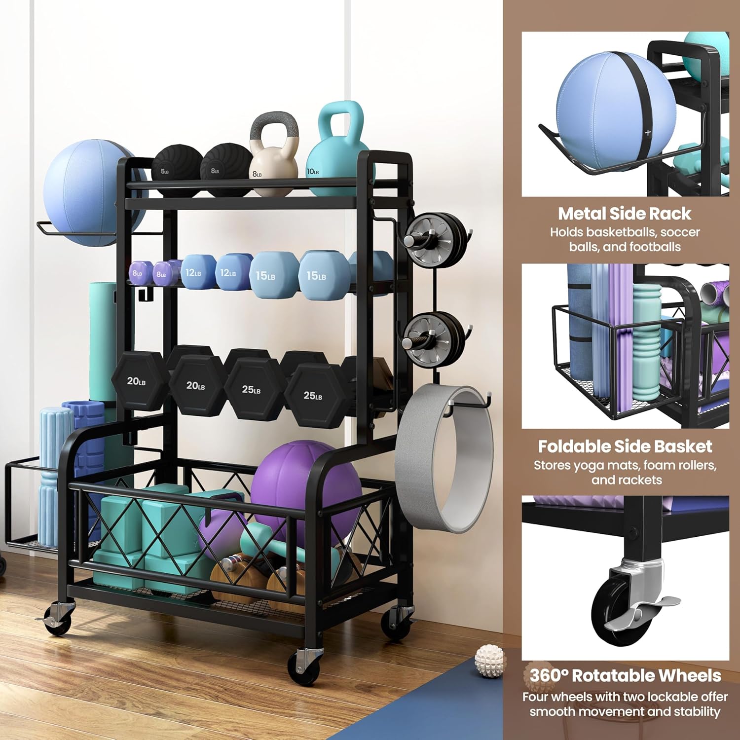 Yaheetech Dumbbell Rack Yoga Mat Storage Rack Home Gym Workout Equipment Rack Stand w/Hooks & Wheels for Dumbbells, Kettlebells, Yoga Ball, Max Load 400lb - Image 6
