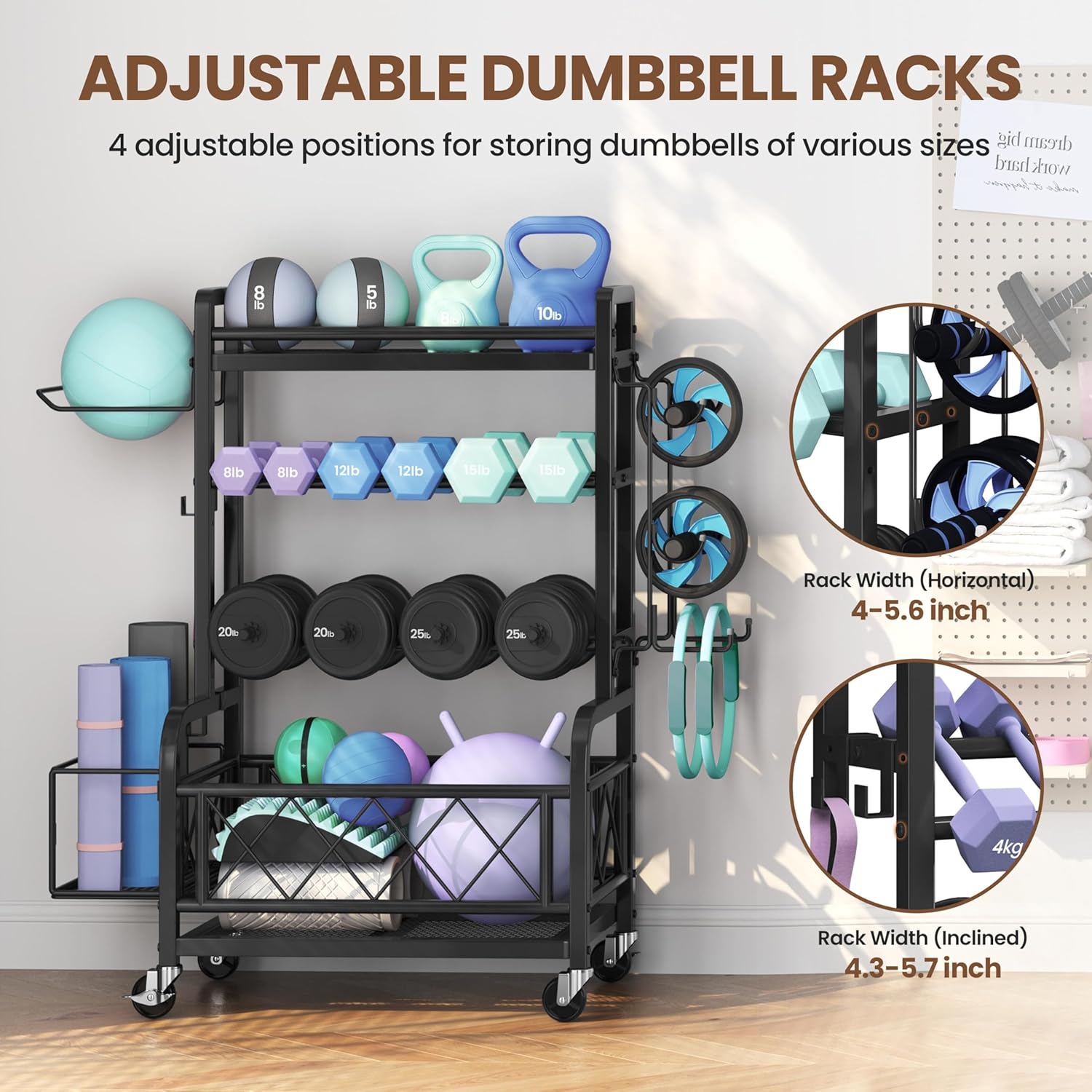 Yaheetech Dumbbell Rack Yoga Mat Storage Rack Home Gym Workout Equipment Rack Stand w/Hooks & Wheels for Dumbbells, Kettlebells, Yoga Ball, Max Load 400lb - Image 5