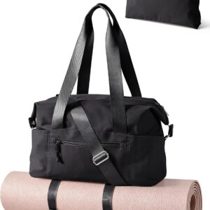 Small Gym Bag with Yoga Mat Holder, Wet Pocket and a Separate Pouch, Small Gym Duffle Bag for Women with Detachable Crossbody Shoulder Strap, Black