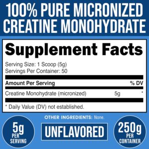 Bucked Up Pure Micronized Creatine Monohydrate for Women and Men – Easy to Mix and Unflavored – 5G Per Serving – 50 Servings – 250 Grams Per Container