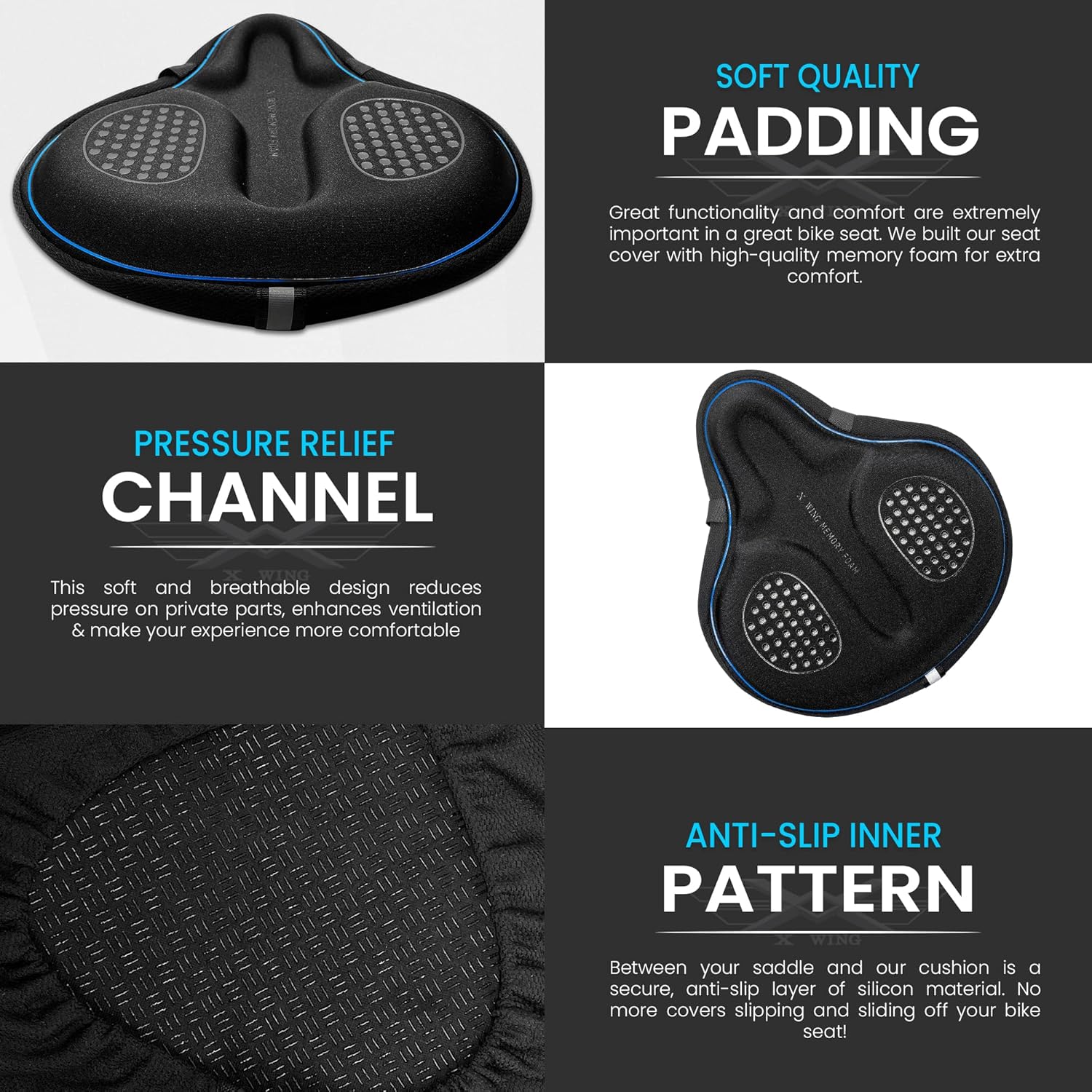 X WING Wide Bike Seat Cover Padded with Memory Foam | Ideal Bicycle Saddle Cover for Men and Women | Ultra-Soft Cushion, Non-Slip & Easy Installation | Fit for Exercise Bike, Indoor & Outdoor Cycling - Image 5