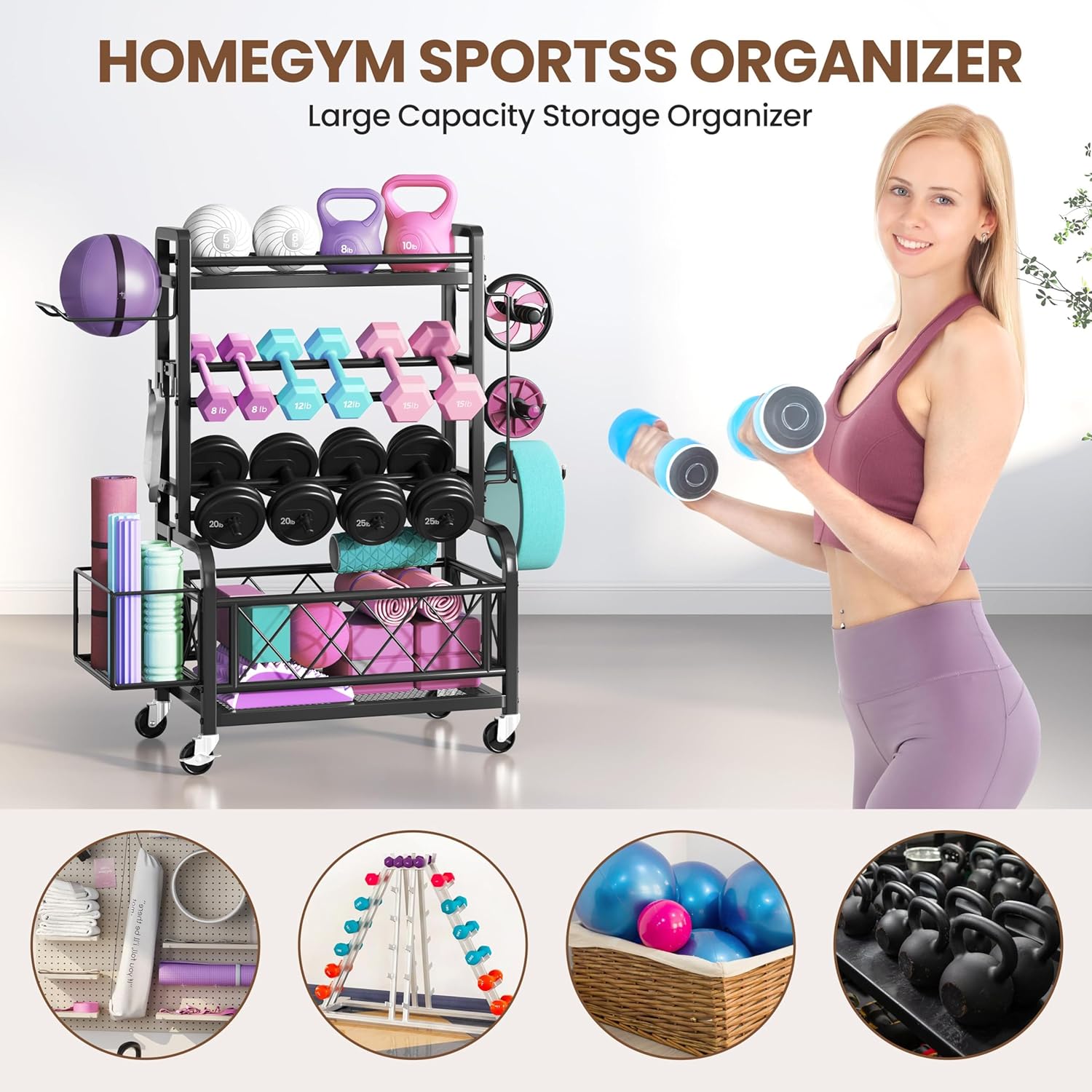 Yaheetech Dumbbell Rack Yoga Mat Storage Rack Home Gym Workout Equipment Rack Stand w/Hooks & Wheels for Dumbbells, Kettlebells, Yoga Ball, Max Load 400lb - Image 2