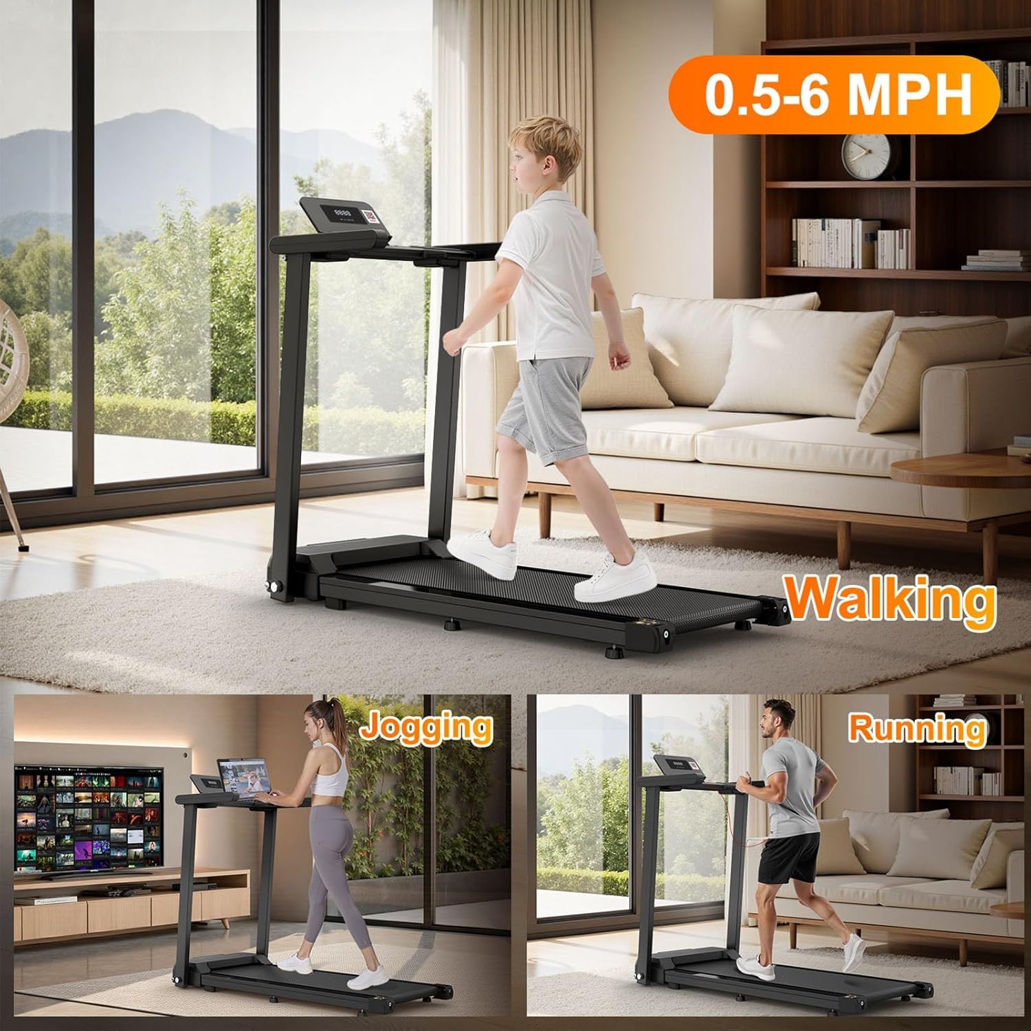 2.5 HP Quiet Walking Pad Treadmill with Handle Bar, Foldable Treadmills for Home Small, 14.17 inch Large Running Area, 6 MPH, 300 lbs Capacity, Compact Running Machine with Cup Holder - Image 6