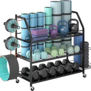 Weight Rack for Dumbbells – Home Gym Storage Rack – Dumbbell and Weight Organizer with 4 Flexible Wheels and Unique Storage on Both Sides