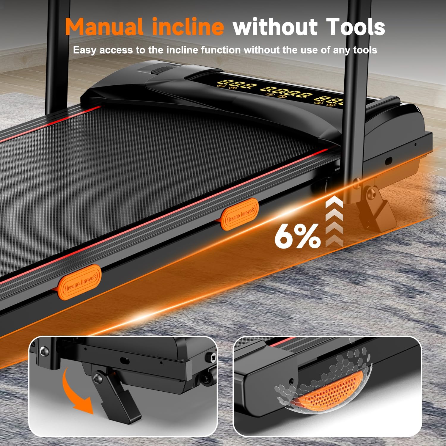 6% Incline Walking Pad with Handle Bar,Compact and Foldable Treadmill for Home and Office,2.5 HP Quiet Under Desk Treadmill with 300lbs Capacity,Big Led Display and Double Deck Cushioning - Image 2