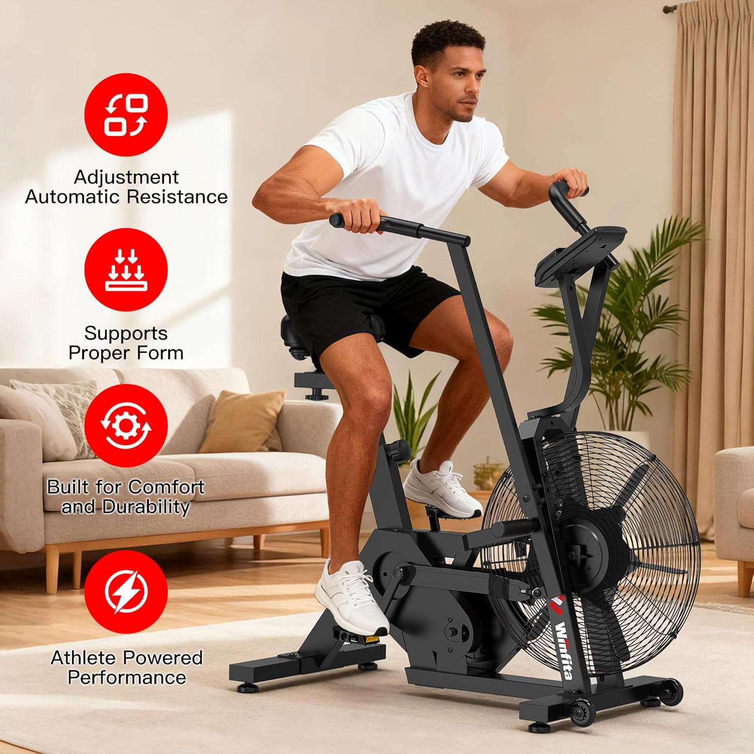 Air Bike,Air-Resistance Exercise Fan Bike With Dual Acction Handlebars for Home Cardio Workout,Adjustable Indoor Cycling Bike,330lb Weight Capacity APP Connection Customizable Monitor - Image 3