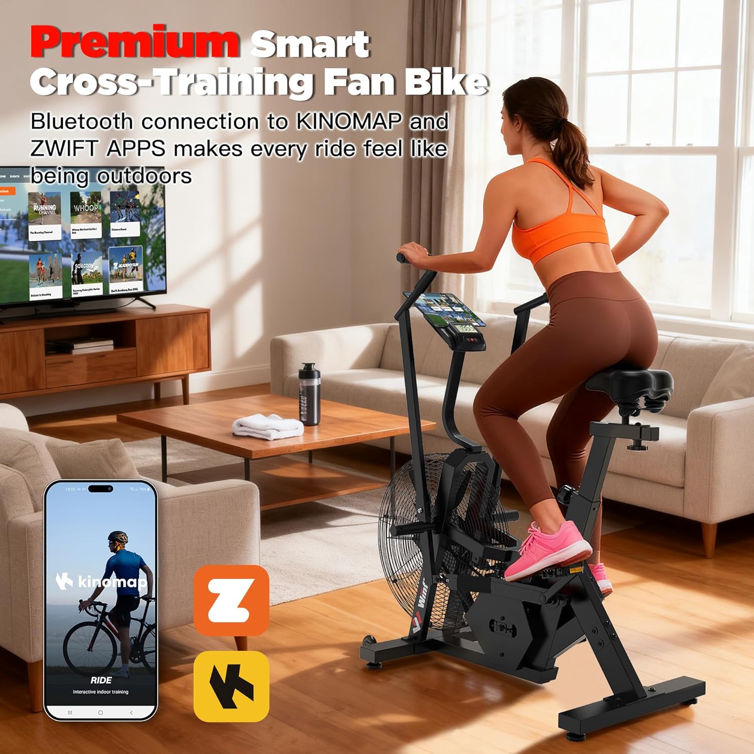 Air Bike,Air-Resistance Exercise Fan Bike With Dual Acction Handlebars for Home Cardio Workout,Adjustable Indoor Cycling Bike,330lb Weight Capacity APP Connection Customizable Monitor - Image 5