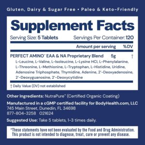 BodyHealth PerfectAmino (600 ct) Easy to Swallow Tablets, Essential Amino Acids Supplement with BCAAs, Vegan Protein for Pre/Post Workout & Muscle Recovery with Lysine, Tryptophan, Leucine, Methionine