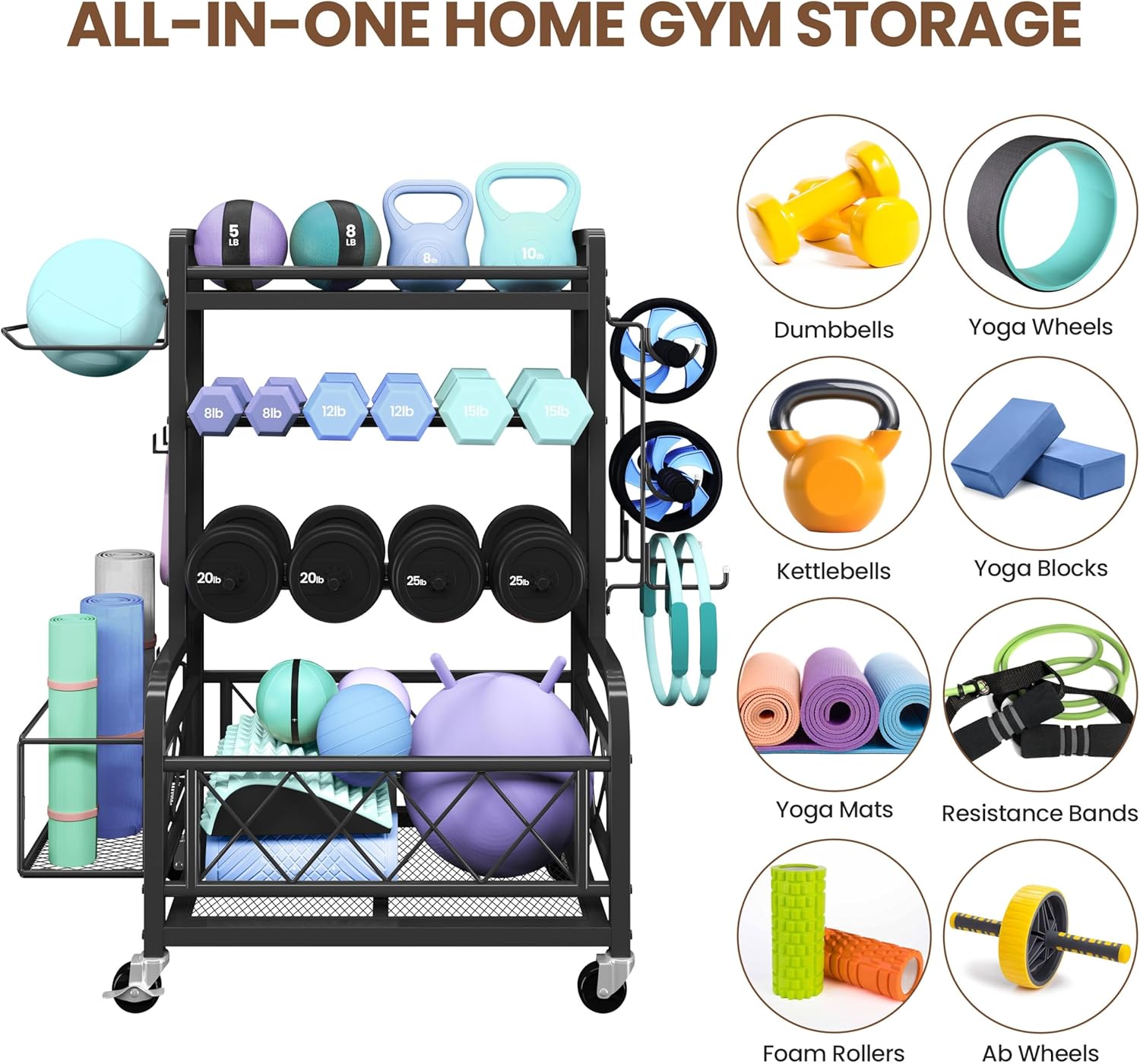 Yaheetech Dumbbell Rack Yoga Mat Storage Rack Home Gym Workout Equipment Rack Stand w/Hooks & Wheels for Dumbbells, Kettlebells, Yoga Ball, Max Load 400lb - Image 3