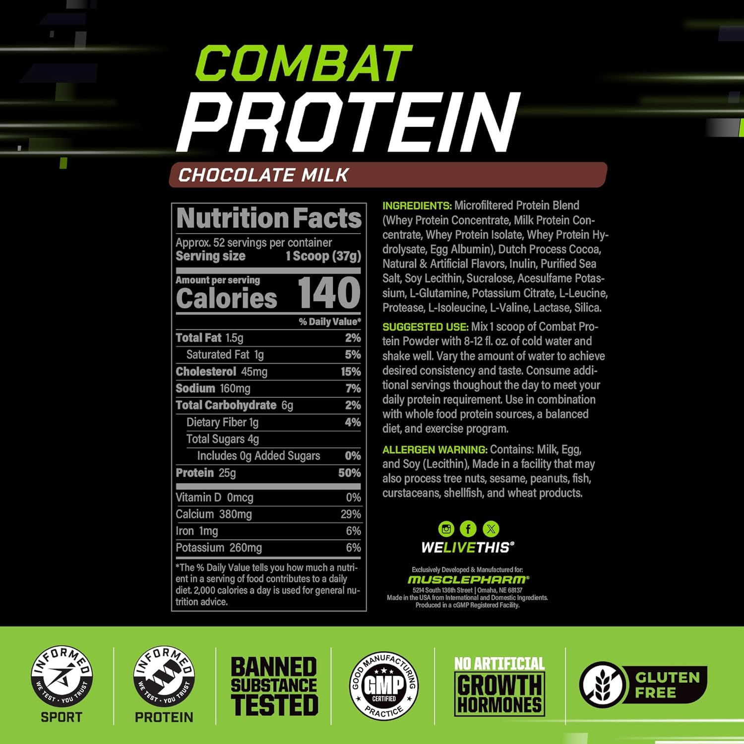 Muscle Pharm Combat Protein Powder for Muscle Growth and Intense Workouts - Gluten-Free with 5 Protein Sources Including Whey Protein Isolate & Egg Albumin, 4 lb, 52 Servings, Chocolate Milk Flavor - Image 3