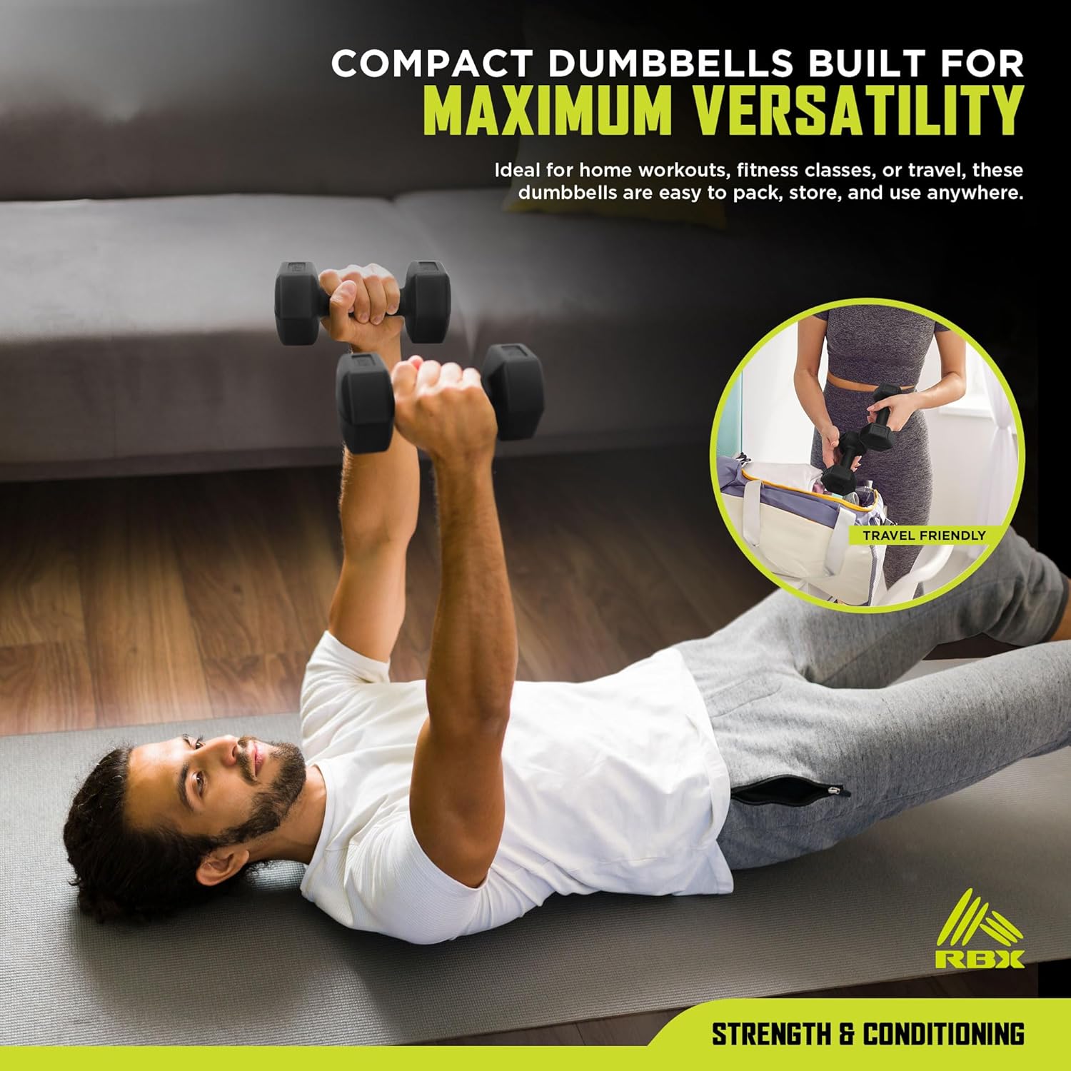 RBX Vinyl Coated Hand Weight Dumbbell Set - Hex Shaped, Roll Free for Body Building/Sculpting/Strength Training Exercise, (Set of 2) - Image 5