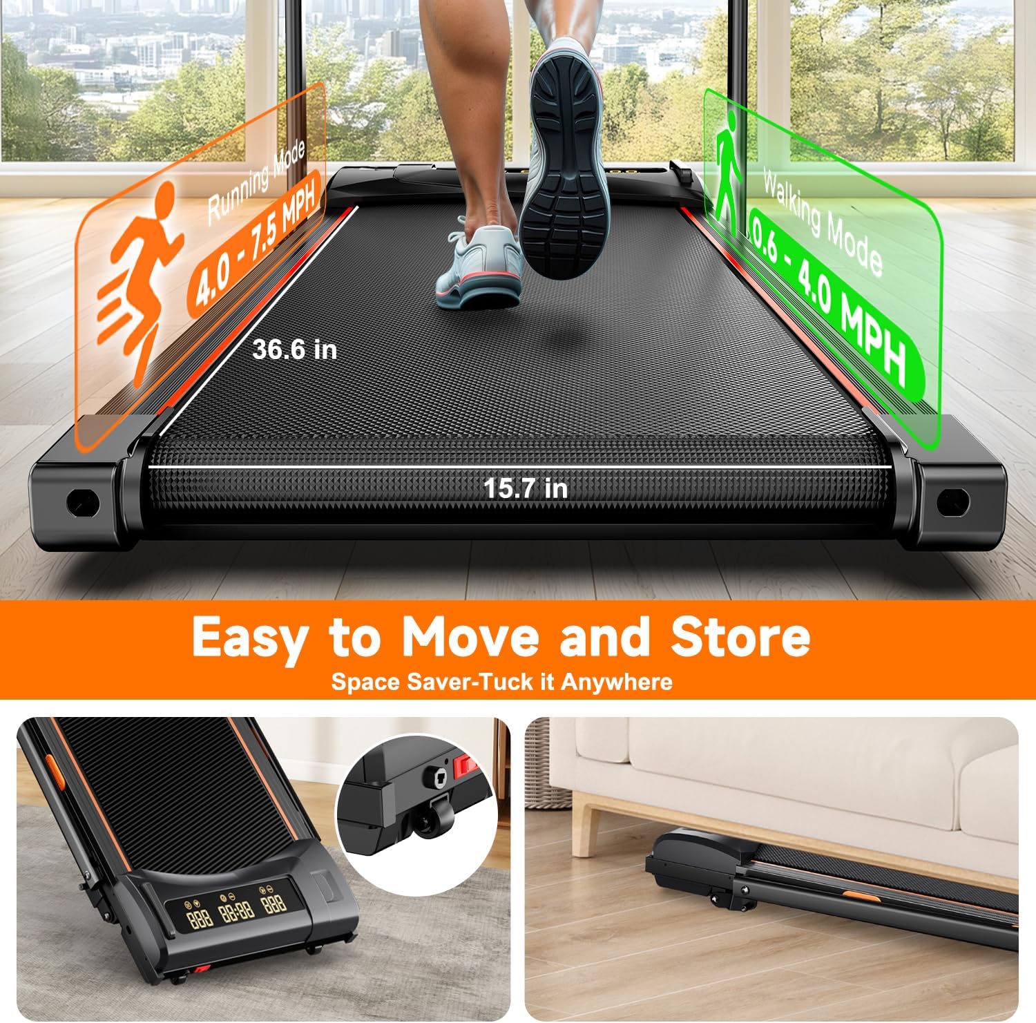 6% Incline Walking Pad with Handle Bar,Compact and Foldable Treadmill for Home and Office,2.5 HP Quiet Under Desk Treadmill with 300lbs Capacity,Big Led Display and Double Deck Cushioning - Image 7