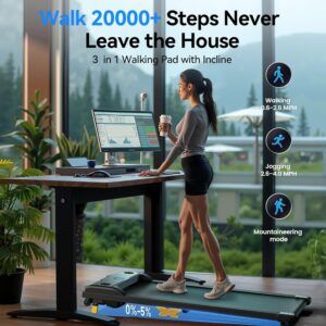 Walking Pad with Incline, 2.5HP Under Desk Treadmill, 3 in 1 Portable Treadmill with Remote Control, LED Display, Hidden Safety Switch, Mini Walking Jogging Machine for Home Office