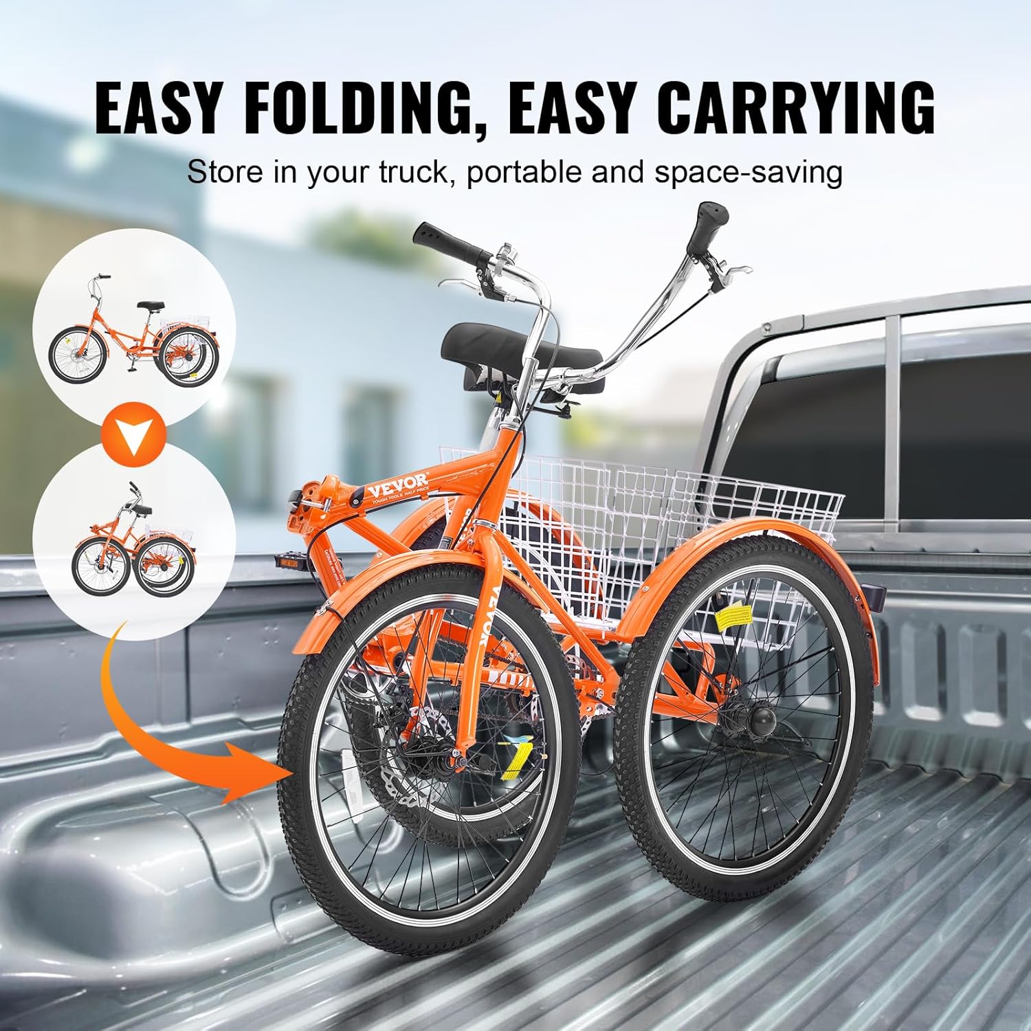 VEVOR Folding Adult Tricycle,Adult Folding Trikes, 3 Wheel Cruiser Bike with Large Basket & Adjustable Seat, Shopping Picnic Foldable Tricycles for Women, Men, Seniors - Image 3