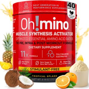 Oh!mino BCAAs + EAAs, All 9 Essential Amino Acids for Muscle Growth & Recovery, Tropical Flavor, Stimulant-Free, Sugar-Free Pre/Intra Post Workout Supplement, Non-GMO