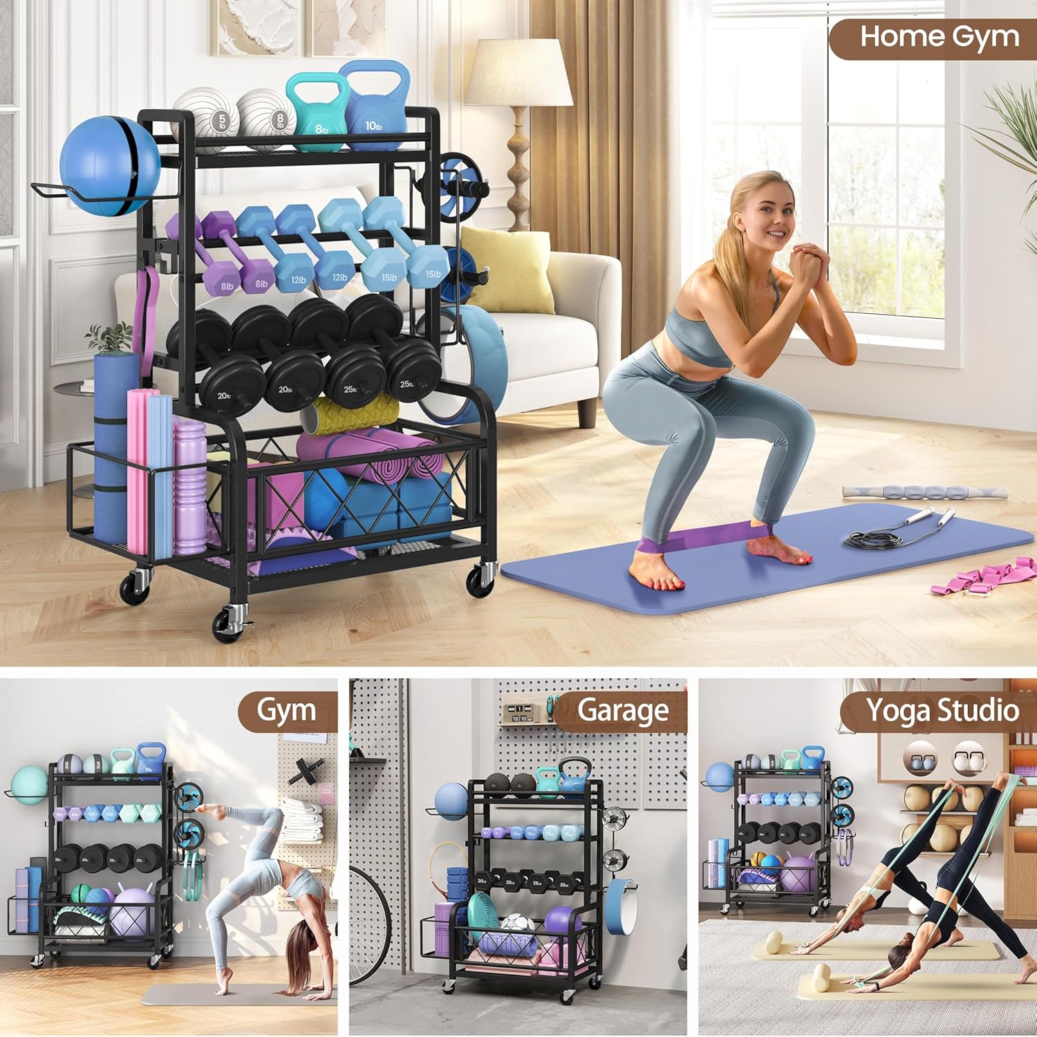 Yaheetech Dumbbell Rack Yoga Mat Storage Rack Home Gym Workout Equipment Rack Stand w/Hooks & Wheels for Dumbbells, Kettlebells, Yoga Ball, Max Load 400lb - Image 9