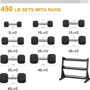 Hex Dumbbell Sets with Rack, 450LB (5-45Lb, 9 Pairs) Rubber Coated Dumbbell Weight Set and Storage Rack,Multiple Sizes Exercise & Fitness Dumbbells for Muscle Toning, Strength Building & Full Body Workout