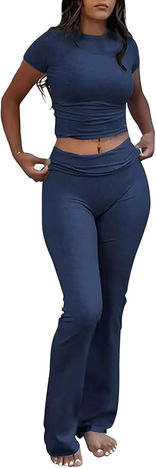 Women's 2 Piece Lounge Outfits Slim Short Sleeve Tops Low Rise Flare Leggings Sets Yoga Sweatsuit