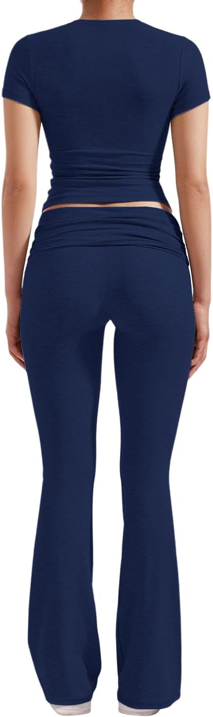Women's 2 Piece Lounge Outfits Slim Short Sleeve Tops Low Rise Flare Leggings Sets Yoga Sweatsuit - Image 2