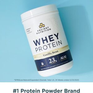 Ancient Nutrition Grass Fed Whey Protein, Milk Chocolate, 23g Protein, 20 Servings, Hydrolyzed Collagen Peptides, Organic Regenerative A2/A2 Milk Protein