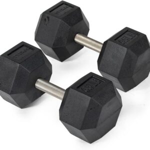 Titan Fitness 65 LB Pair Free Weights, Black Rubber Coated Hex Dumbbell, Straight Stainless Steel Handle, Strength Training, Full Body Workout
