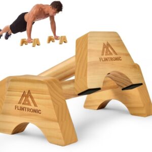 flintronic Wooden Parallettes, Fitness Push Up Bars, Solid Wood Parallettes Bars with Non-Slip Mat, Handstand Bar Push Up, Wrist Straps, for Home Workout Equipment for Strength Training, Gymnastics