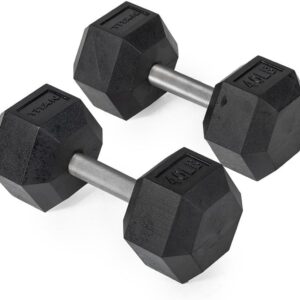 Titan Fitness 40 LB Pair Free Weights, Black Rubber Coated Hex Dumbbell, Straight Stainless Steel Handle, Strength Training, Full Body Workout