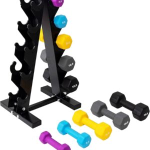 BalanceFrom Neoprene Coated Iron Dumbbell Hex Weights Set with Stand – Color-Coded or Black Options with Non-Slip Grip for Strength Training, Resistance Workouts, and Home Gym Fitness